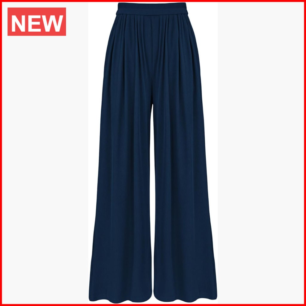 High Waist Palazzo Pants With Pockets, Knit Fabric, Wide Leg Trousers